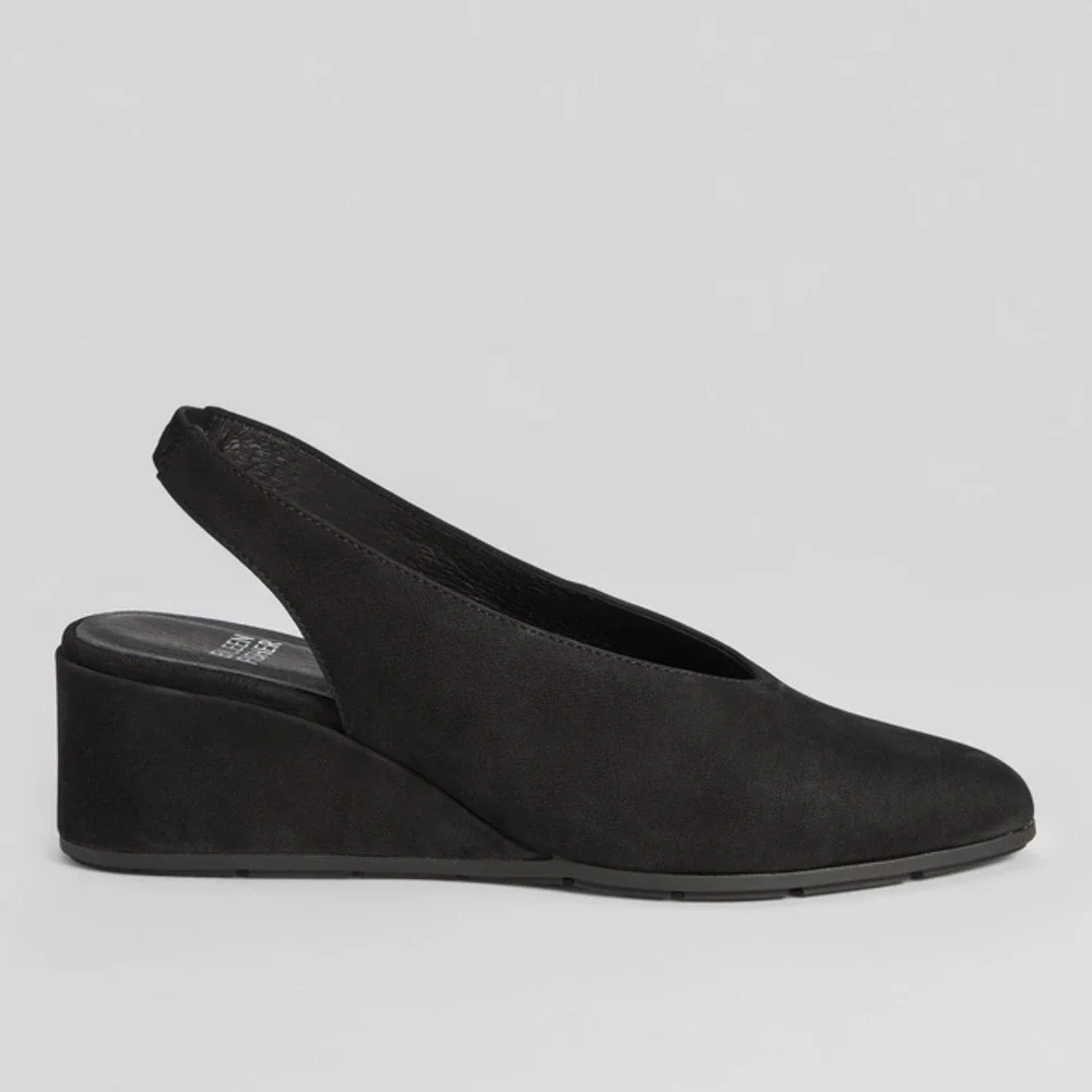 Eileen Fisher Devi‎ Tumbled Nubuck Black Leather Slingback Wedge Heels Women's 6